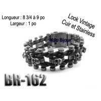 Br-162, Bracelet Vintage Tête de mort, Acier inoxidable « stainless steel » et cuir 
