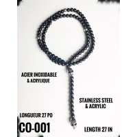 Co-001, Collier perles Agate noire et skull  acier inoxidable ( Stainless Steel )
