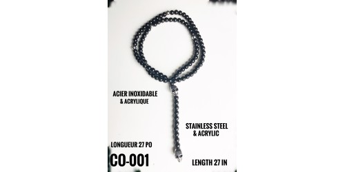 Co-001, Collier perles Agate noire et skull  acier inoxidable ( Stainless Steel )